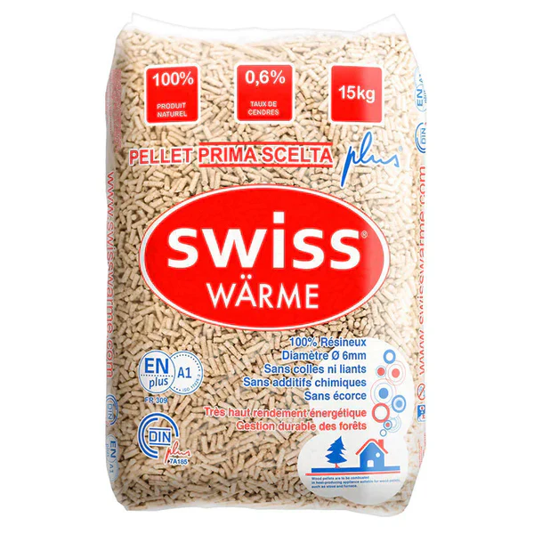 swiss_warme-sac-france-800px.webp Pellet Swiss Warme EN+A1 DIN+ 100% barrträ – pall med 70 säckar à 15 kg - Bild 1